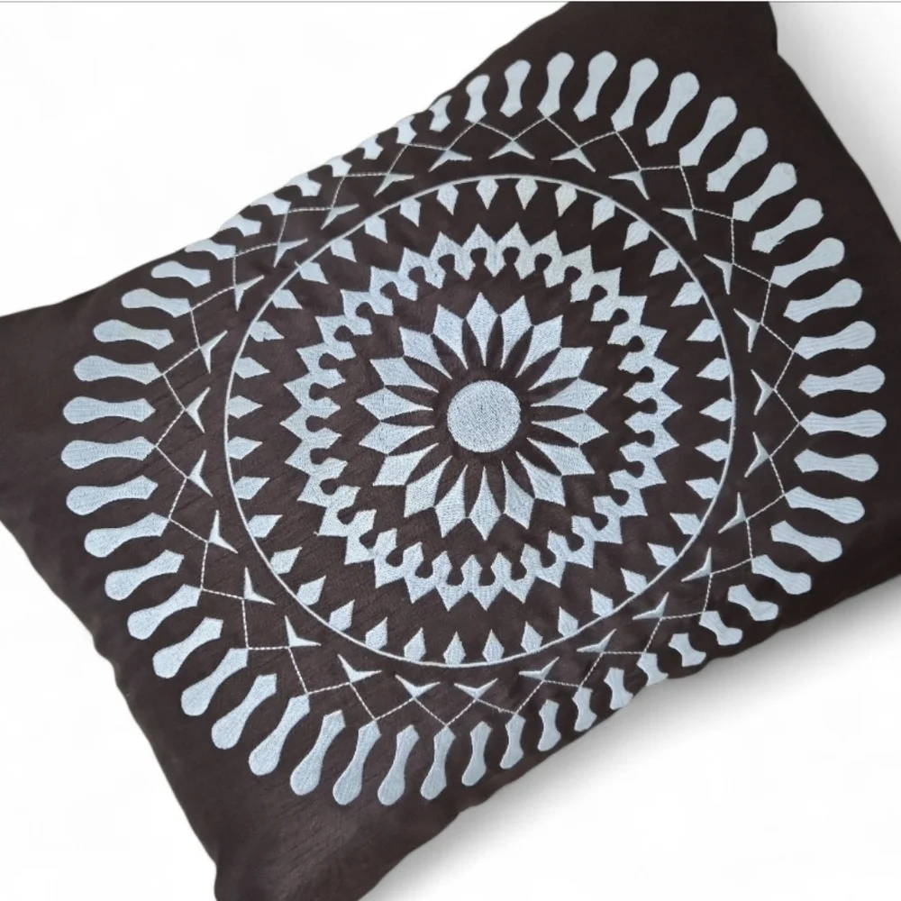 Elegant Brown Embroidered Rectangal Starburst Pillow Brown & Blue